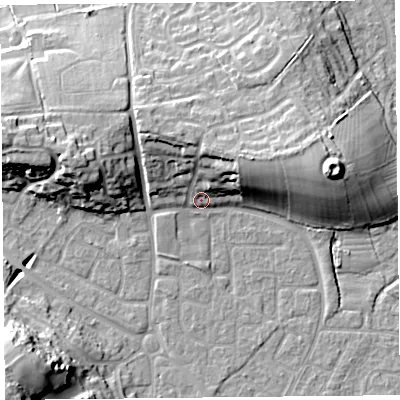 Shaded relief map of the ground around BS227PR, computed from Environment Agency LiDAR. The ground here sits at about 8 m above sea level and falls 24 m across the surrounding 800 m. Surface water reaching this point runs off ground lying to the north-east, 11.0 m higher.