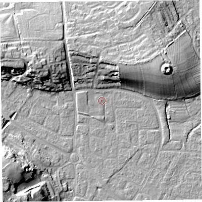 Shaded relief map of the ground around BS227PU, computed from Environment Agency LiDAR. The ground here sits at about 6 m above sea level and falls 24 m across the surrounding 800 m. Surface water reaching this point runs off ground lying to the north-north-west, 4.5 m higher.
