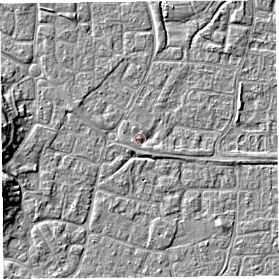 Shaded relief map of the ground around BS227PW, computed from Environment Agency LiDAR. The ground here sits at about 6 m above sea level and falls 7 m across the surrounding 800 m. Surface water reaching this point runs off ground lying to the west-south-west, 1.2 m higher.