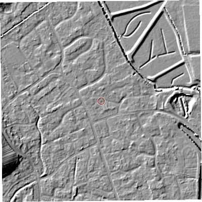 Shaded relief map of the ground around BS227PX, computed from Environment Agency LiDAR. The ground here sits at about 6 m above sea level and falls 8 m across the surrounding 800 m. Surface water reaching this point runs off ground lying to the north, 0.7 m higher.