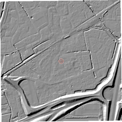 Shaded relief map of the ground around BS227QA, computed from Environment Agency LiDAR. The ground here sits at about 6 m above sea level and falls 11 m across the surrounding 800 m. Surface water reaching this point runs off ground lying to the east-south-east, 10.0 m higher.