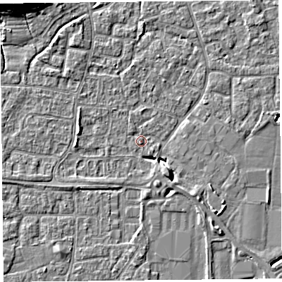 Shaded relief map of the ground around BS227QB, computed from Environment Agency LiDAR. The ground here sits at about 6 m above sea level and falls 9 m across the surrounding 800 m. Surface water reaching this point runs off ground lying to the south-west, 1.2 m higher.