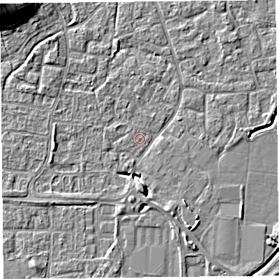 Shaded relief map of the ground around BS227QD, computed from Environment Agency LiDAR. The ground here sits at about 6 m above sea level and falls 12 m across the surrounding 800 m. Surface water reaching this point runs off ground lying to the south-west, 1.1 m higher.