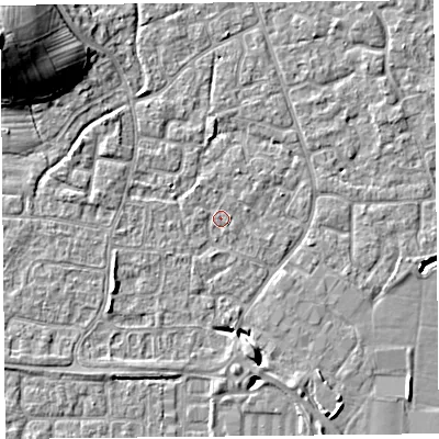 Shaded relief map of the ground around BS227QE, computed from Environment Agency LiDAR. The ground here sits at about 6 m above sea level and falls 17 m across the surrounding 800 m. Surface water reaching this point runs off ground lying to the west-south-west, 2.3 m higher.