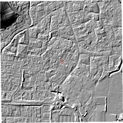 Shaded relief map of the ground around BS227QF, computed from Environment Agency LiDAR. The ground here sits at about 6 m above sea level and falls 13 m across the surrounding 800 m. Surface water reaching this point runs off ground lying to the west-south-west, 2.3 m higher.
