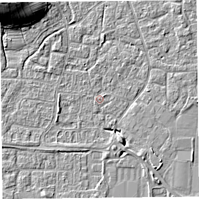 Shaded relief map of the ground around BS227QG, computed from Environment Agency LiDAR. The ground here sits at about 6 m above sea level and falls 16 m across the surrounding 800 m. Surface water reaching this point runs off ground lying to the south-west, 1.3 m higher.