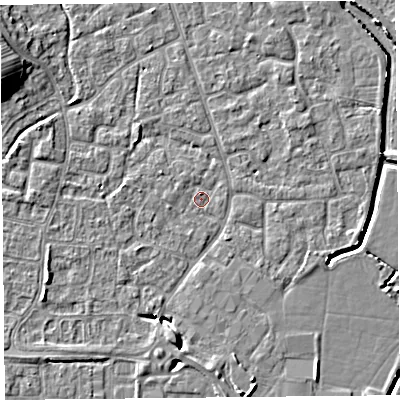 Shaded relief map of the ground around BS227QH, computed from Environment Agency LiDAR. The ground here sits at about 6 m above sea level and falls 9 m across the surrounding 800 m. Surface water reaching this point runs off ground lying to the west-south-west, 2.3 m higher.