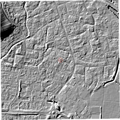 Shaded relief map of the ground around BS227QJ, computed from Environment Agency LiDAR. The ground here sits at about 6 m above sea level and falls 11 m across the surrounding 800 m. Surface water reaching this point runs off ground lying to the south-west, 2.3 m higher.