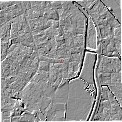 Shaded relief map of the ground around BS227QL, computed from Environment Agency LiDAR. The ground here sits at about 6 m above sea level and falls 6 m across the surrounding 800 m. Surface water reaching this point runs off ground lying to the south-west, 0.7 m higher.
