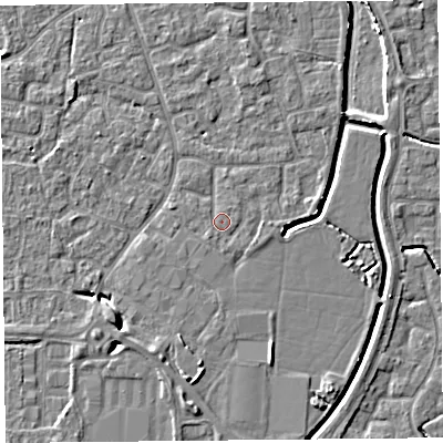 Shaded relief map of the ground around BS227QN, computed from Environment Agency LiDAR. The ground here sits at about 6 m above sea level and falls 6 m across the surrounding 800 m. Surface water reaching this point runs off ground lying to the north-east, 0.7 m higher.