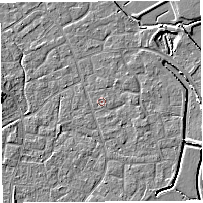 Shaded relief map of the ground around BS227QP, computed from Environment Agency LiDAR. The ground here sits at about 6 m above sea level and falls 5 m across the surrounding 800 m. Surface water reaching this point runs off ground lying to the south-east, 0.6 m higher.
