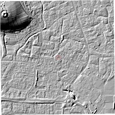 Shaded relief map of the ground around BS227QQ, computed from Environment Agency LiDAR. The ground here sits at about 6 m above sea level and falls 19 m across the surrounding 800 m. Surface water reaching this point runs off ground lying to the north-west, 16.7 m higher.