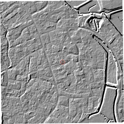 Shaded relief map of the ground around BS227QR, computed from Environment Agency LiDAR. The ground here sits at about 6 m above sea level and falls 4 m across the surrounding 800 m. Surface water reaching this point runs off ground lying to the east, 1.2 m higher.