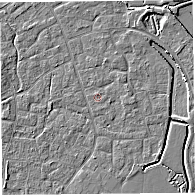 Shaded relief map of the ground around BS227QS, computed from Environment Agency LiDAR. The ground here sits at about 6 m above sea level and falls 4 m across the surrounding 800 m. Surface water reaching this point runs off ground lying to the north, 0.6 m higher.
