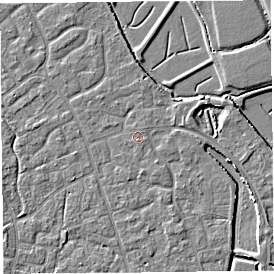 Shaded relief map of the ground around BS227QT, computed from Environment Agency LiDAR. The ground here sits at about 6 m above sea level and falls 4 m across the surrounding 800 m. The ground contributing surface water to this point lies to the south.
