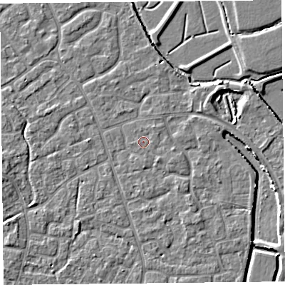 Shaded relief map of the ground around BS227QU, computed from Environment Agency LiDAR. The ground here sits at about 6 m above sea level and falls 4 m across the surrounding 800 m. Surface water reaching this point runs off ground lying to the north-east, 0.5 m higher.