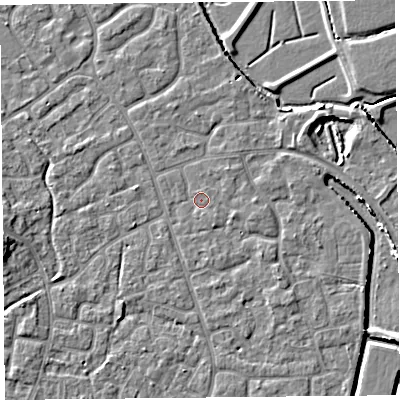 Shaded relief map of the ground around BS227QX, computed from Environment Agency LiDAR. The ground here sits at about 6 m above sea level and falls 5 m across the surrounding 800 m. Surface water reaching this point runs off ground lying to the south, 0.8 m higher.