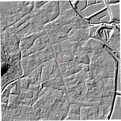 Shaded relief map of the ground around BS227QY, computed from Environment Agency LiDAR. The ground here sits at about 6 m above sea level and falls 7 m across the surrounding 800 m. Surface water reaching this point runs off ground lying to the east, 0.8 m higher.