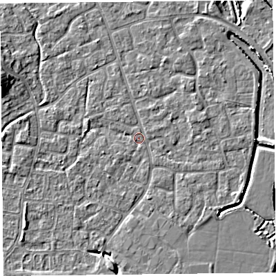 Shaded relief map of the ground around BS227QZ, computed from Environment Agency LiDAR. The ground here sits at about 6 m above sea level and falls 8 m across the surrounding 800 m. Surface water reaching this point runs off ground lying to the east-north-east, 1.8 m higher.