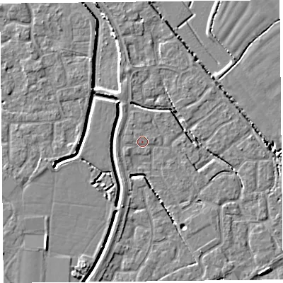 Shaded relief map of the ground around BS227RA, computed from Environment Agency LiDAR. The ground here sits at about 6 m above sea level and falls 4 m across the surrounding 800 m. Surface water reaching this point runs off ground lying to the west-north-west, 0.9 m higher.