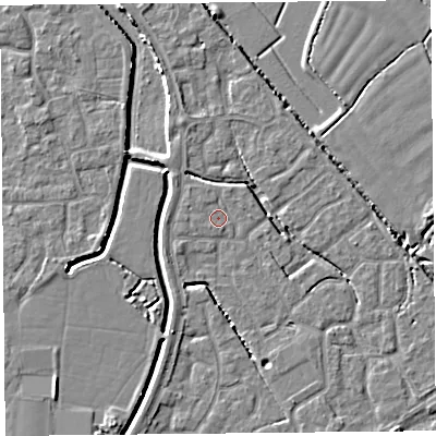 Shaded relief map of the ground around BS227RB, computed from Environment Agency LiDAR. The ground here sits at about 6 m above sea level and falls 4 m across the surrounding 800 m. Surface water reaching this point runs off ground lying to the west, 0.8 m higher.
