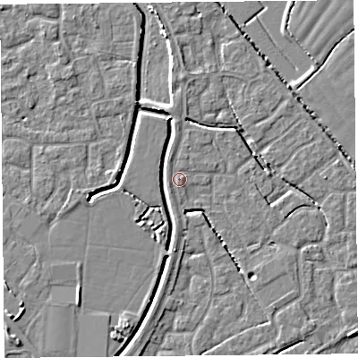 Shaded relief map of the ground around BS227RD, computed from Environment Agency LiDAR. The ground here sits at about 6 m above sea level and falls 4 m across the surrounding 800 m. Surface water reaching this point runs off ground lying to the north-north-west, 0.7 m higher.