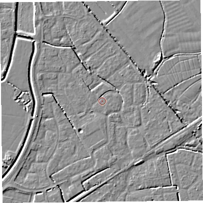 Shaded relief map of the ground around BS227RE, computed from Environment Agency LiDAR. The ground here sits at about 6 m above sea level and falls 5 m across the surrounding 800 m. Surface water reaching this point runs off ground lying to the north-north-west, 1.1 m higher.