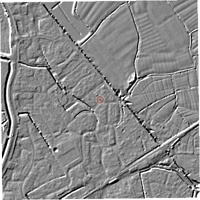 Shaded relief map of the ground around BS227RF, computed from Environment Agency LiDAR. The ground here sits at about 6 m above sea level and falls 5 m across the surrounding 800 m. Surface water reaching this point runs off ground lying to the west, 2.8 m higher.