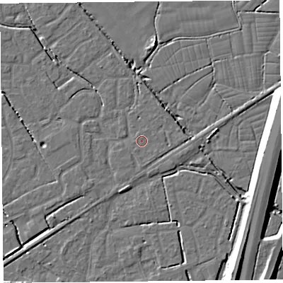 Shaded relief map of the ground around BS227RG, computed from Environment Agency LiDAR. The ground here sits at about 6 m above sea level and falls 10 m across the surrounding 800 m. Surface water reaching this point runs off ground lying to the north-north-west, 0.5 m higher.