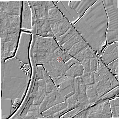 Shaded relief map of the ground around BS227RH, computed from Environment Agency LiDAR. The ground here sits at about 6 m above sea level and falls 5 m across the surrounding 800 m. Surface water reaching this point runs off ground lying to the west, 2.8 m higher.