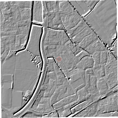 Shaded relief map of the ground around BS227RJ, computed from Environment Agency LiDAR. The ground here sits at about 6 m above sea level and falls 5 m across the surrounding 800 m. Surface water reaching this point runs off ground lying to the south-west, 3.6 m higher.