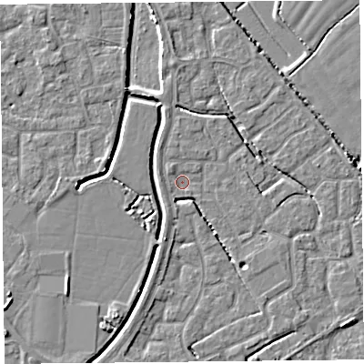 Shaded relief map of the ground around BS227RL, computed from Environment Agency LiDAR. The ground here sits at about 6 m above sea level and falls 4 m across the surrounding 800 m. Surface water reaching this point runs off ground lying to the west-north-west, 1.1 m higher.