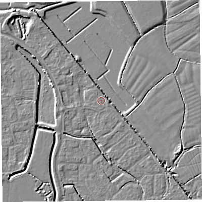 Shaded relief map of the ground around BS227RN, computed from Environment Agency LiDAR. The ground here sits at about 6 m above sea level and falls 5 m across the surrounding 800 m. Surface water reaching this point runs off ground lying to the west-north-west, 2.5 m higher.