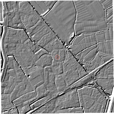 Shaded relief map of the ground around BS227RP, computed from Environment Agency LiDAR. The ground here sits at about 6 m above sea level and falls 7 m across the surrounding 800 m. The ground contributing surface water to this point lies to the south-west.