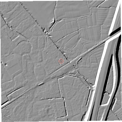 Shaded relief map of the ground around BS227RQ, computed from Environment Agency LiDAR. The ground here sits at about 6 m above sea level and falls 10 m across the surrounding 800 m. Surface water reaching this point runs off ground lying to the north-north-east, 1.4 m higher.