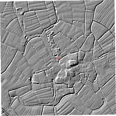 Shaded relief map of the ground around BS227RR, computed from Environment Agency LiDAR. The ground here sits at about 6 m above sea level and falls 5 m across the surrounding 800 m. Surface water reaching this point runs off ground lying to the east-south-east, 4.2 m higher.