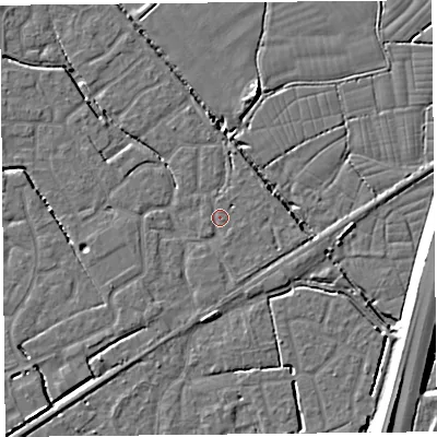 Shaded relief map of the ground around BS227RS, computed from Environment Agency LiDAR. The ground here sits at about 6 m above sea level and falls 9 m across the surrounding 800 m. Surface water reaching this point runs off ground lying to the east-north-east, 2.0 m higher.
