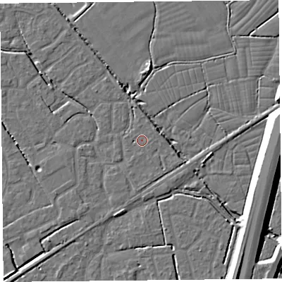 Shaded relief map of the ground around BS227RT, computed from Environment Agency LiDAR. The ground here sits at about 6 m above sea level and falls 10 m across the surrounding 800 m. Surface water reaching this point runs off ground lying to the north-east, 1.0 m higher.