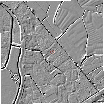Shaded relief map of the ground around BS227RU, computed from Environment Agency LiDAR. The ground here sits at about 6 m above sea level and falls 5 m across the surrounding 800 m. Surface water reaching this point runs off ground lying to the north-north-east, 0.6 m higher.