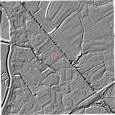 Shaded relief map of the ground around BS227RW, computed from Environment Agency LiDAR. The ground here sits at about 6 m above sea level and falls 5 m across the surrounding 800 m. Surface water reaching this point runs off ground lying to the west-north-west, 2.9 m higher.