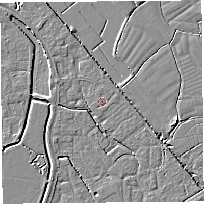 Shaded relief map of the ground around BS227RY, computed from Environment Agency LiDAR. The ground here sits at about 6 m above sea level and falls 5 m across the surrounding 800 m. The ground contributing surface water to this point lies to the north-north-west.