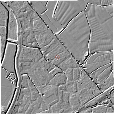 Shaded relief map of the ground around BS227RZ, computed from Environment Agency LiDAR. The ground here sits at about 6 m above sea level and falls 5 m across the surrounding 800 m. The ground contributing surface water to this point lies to the south.