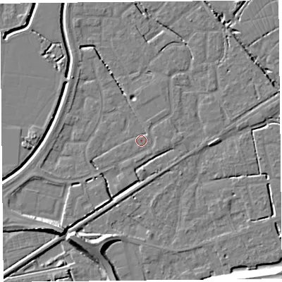 Shaded relief map of the ground around BS227SA, computed from Environment Agency LiDAR. The ground here sits at about 6 m above sea level and falls 10 m across the surrounding 800 m. Surface water reaching this point runs off ground lying to the north-north-east, 0.8 m higher.