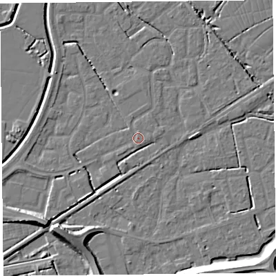 Shaded relief map of the ground around BS227SB, computed from Environment Agency LiDAR. The ground here sits at about 6 m above sea level and falls 10 m across the surrounding 800 m. Surface water reaching this point runs off ground lying to the north-north-west, 0.7 m higher.