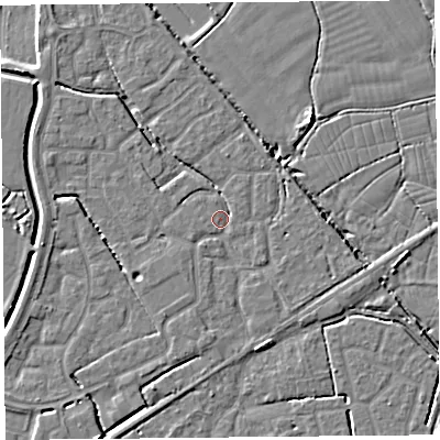 Shaded relief map of the ground around BS227SD, computed from Environment Agency LiDAR. The ground here sits at about 6 m above sea level and falls 5 m across the surrounding 800 m. Surface water reaching this point runs off ground lying to the west-north-west, 2.8 m higher.
