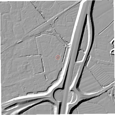 Shaded relief map of the ground around BS227SE, computed from Environment Agency LiDAR. The ground here sits at about 6 m above sea level and falls 10 m across the surrounding 800 m. Surface water reaching this point runs off ground lying to the north-north-east, 0.9 m higher.