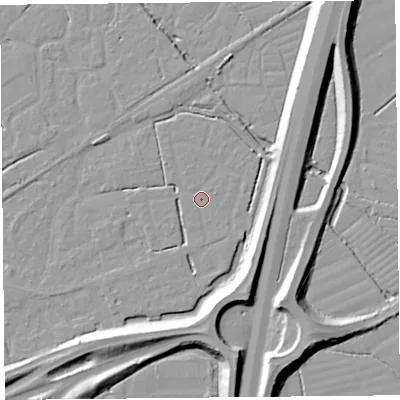 Shaded relief map of the ground around BS227SF, computed from Environment Agency LiDAR. The ground here sits at about 6 m above sea level and falls 10 m across the surrounding 800 m. Surface water reaching this point runs off ground lying to the north-east, 0.9 m higher.