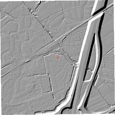 Shaded relief map of the ground around BS227SG, computed from Environment Agency LiDAR. The ground here sits at about 6 m above sea level and falls 10 m across the surrounding 800 m. Surface water reaching this point runs off ground lying to the east-south-east, 2.7 m higher.