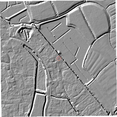 Shaded relief map of the ground around BS227SH, computed from Environment Agency LiDAR. The ground here sits at about 6 m above sea level and falls 4 m across the surrounding 800 m. Surface water reaching this point runs off ground lying to the south-east, 2.9 m higher.