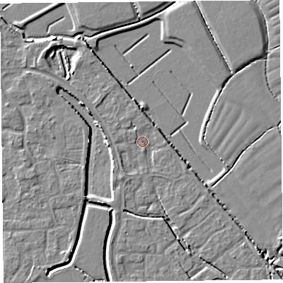 Shaded relief map of the ground around BS227SJ, computed from Environment Agency LiDAR. The ground here sits at about 6 m above sea level and falls 4 m across the surrounding 800 m. Surface water reaching this point runs off ground lying to the west-north-west, 2.2 m higher.